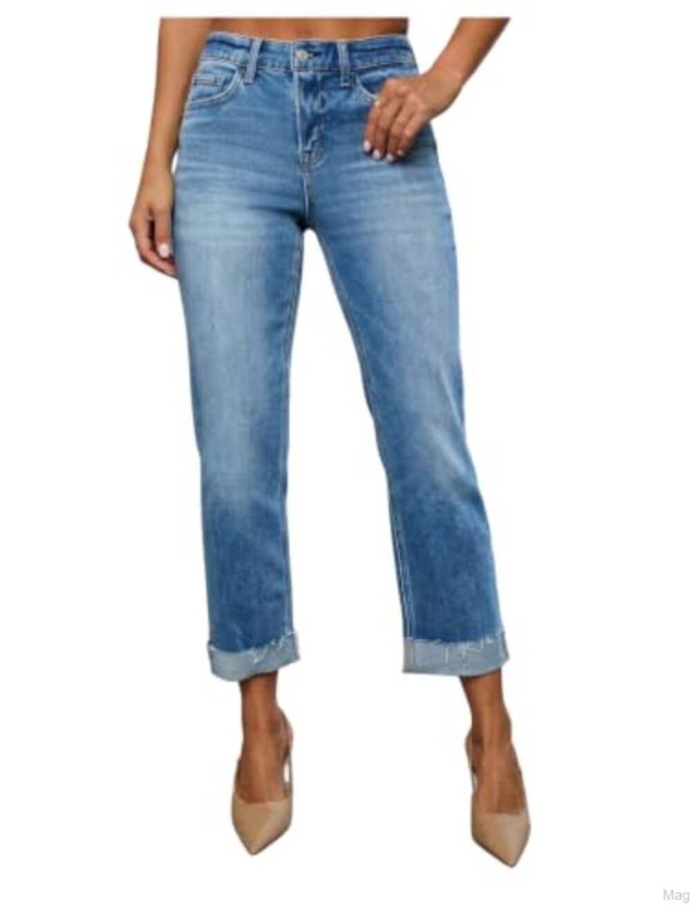High Waisted Cropped Straight Leg Frayed Roll Hem Denim Jeans